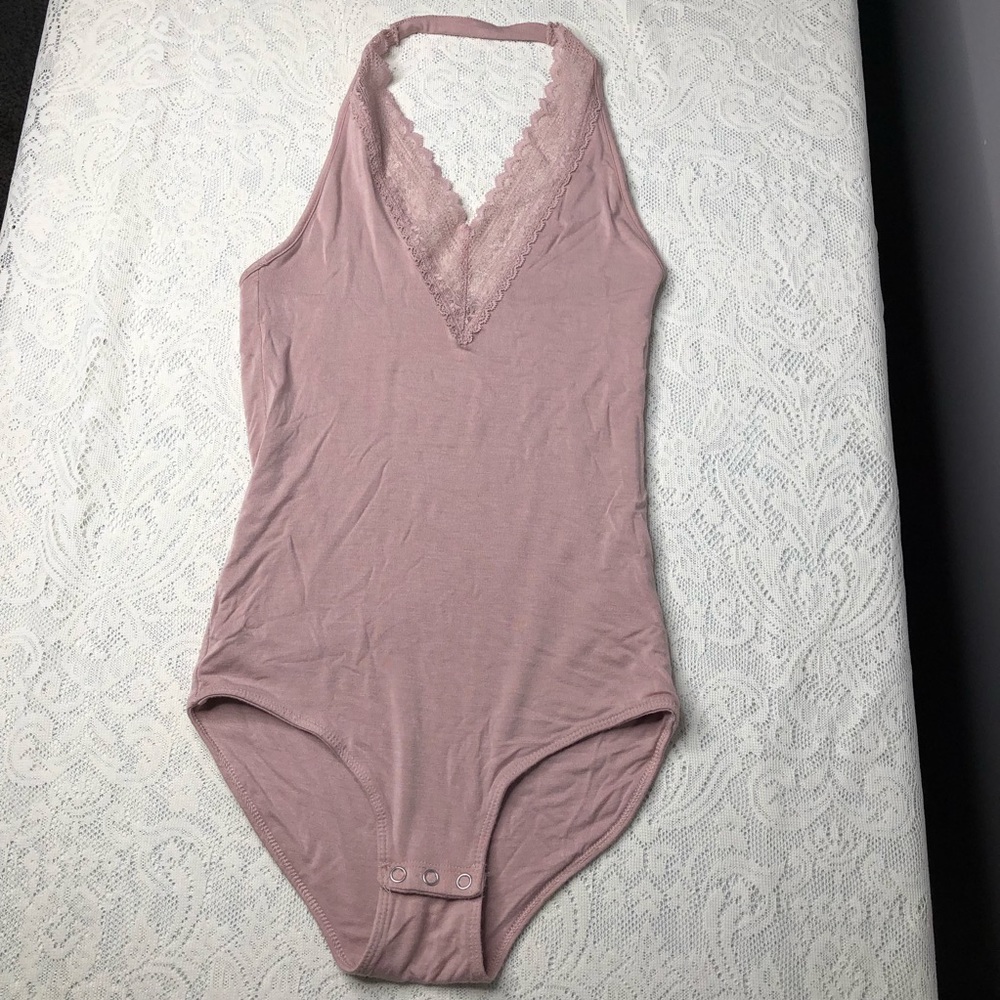 Cream Pink Lace Halter Bodysuit